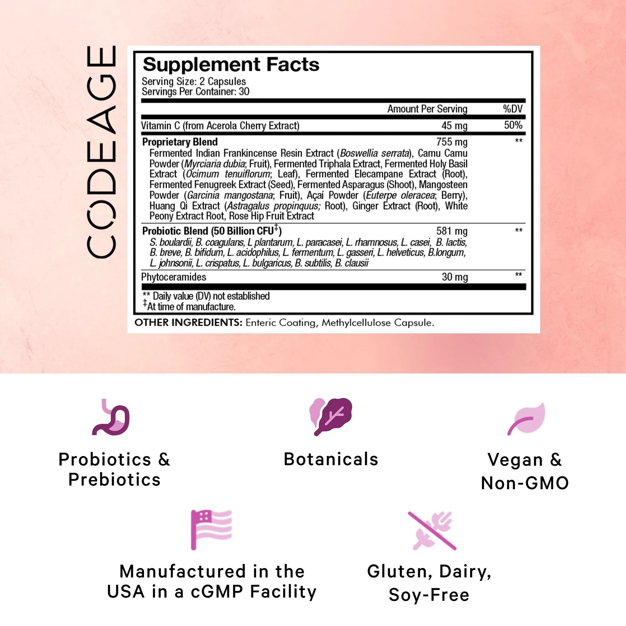 Codeage Skin Probiotics 50 Billion CFU & Prebiotics