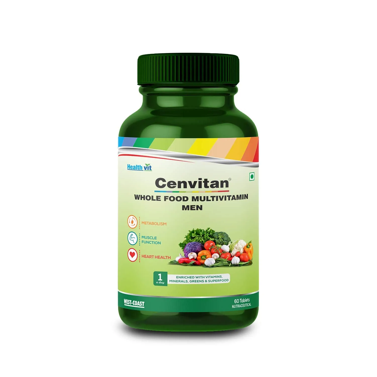 Healthvit Cenvitan Plant Based Whole Food Multivitamin for Men | Enriched with Vitamins Minerals Greens, Vegetables, Superfood, Fruits & Herbs Supplement For Immunity, Heart & Eye Health – 60 Tablets