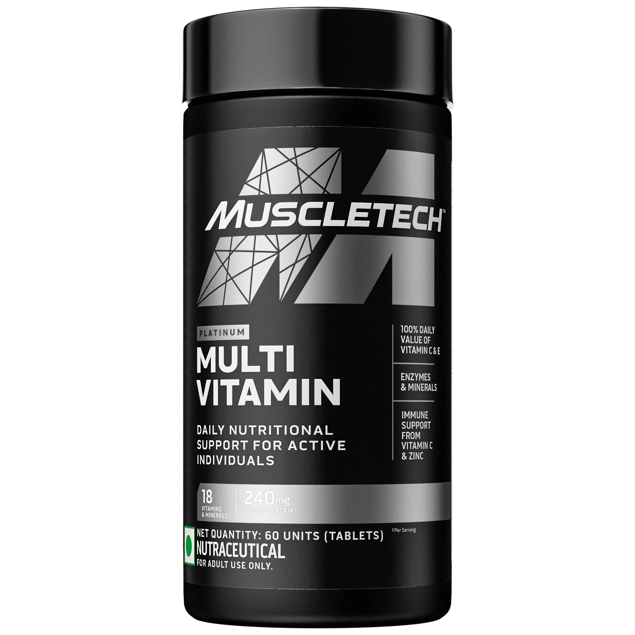 MuscleTech Platinum Multivitamin, Vitamin C for Immune Support, 18 Vitamins & Minerals, 60 Tablets