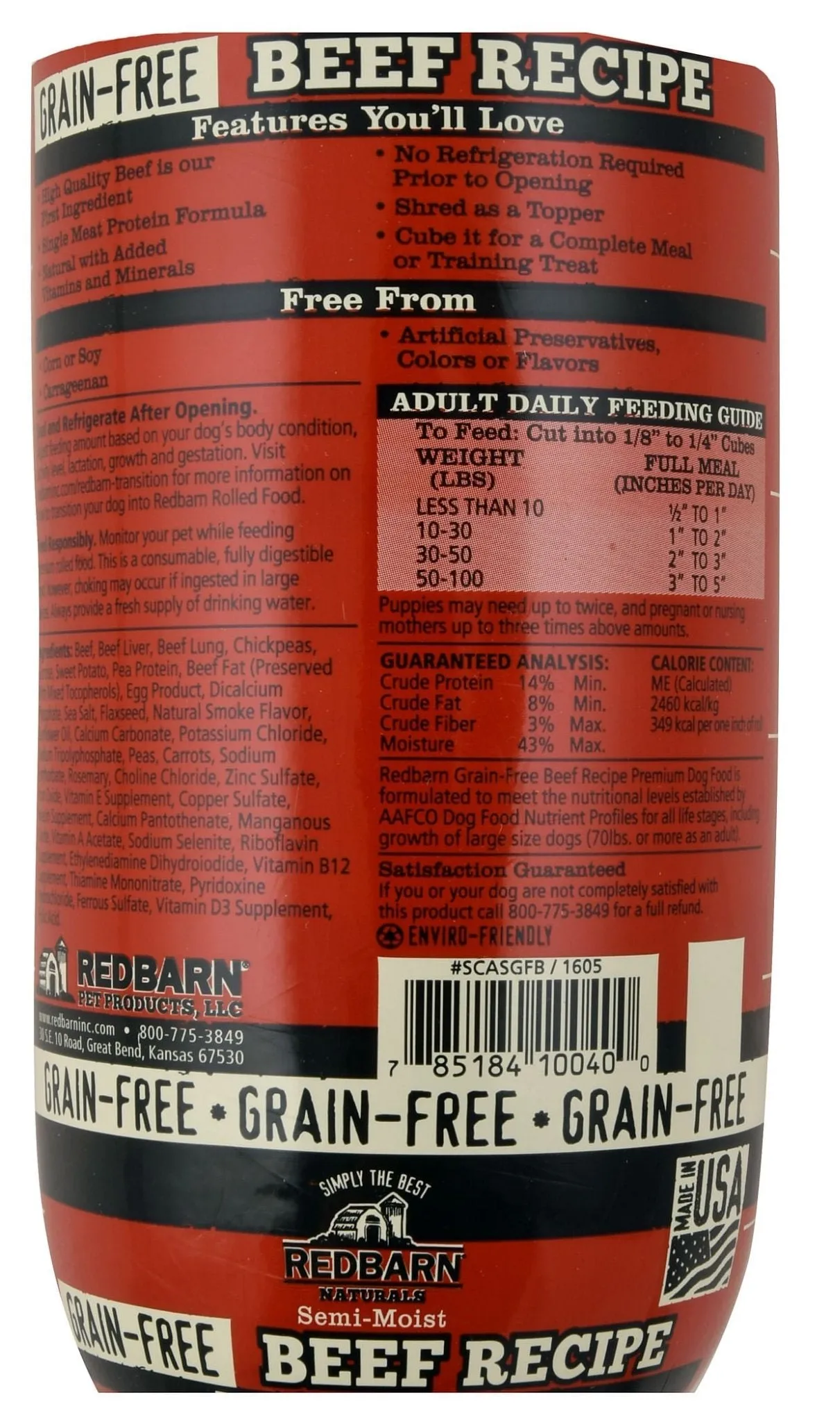 Redbarn Naturals Grain-Free Beef Recipe Dog Food Roll, 3 lb