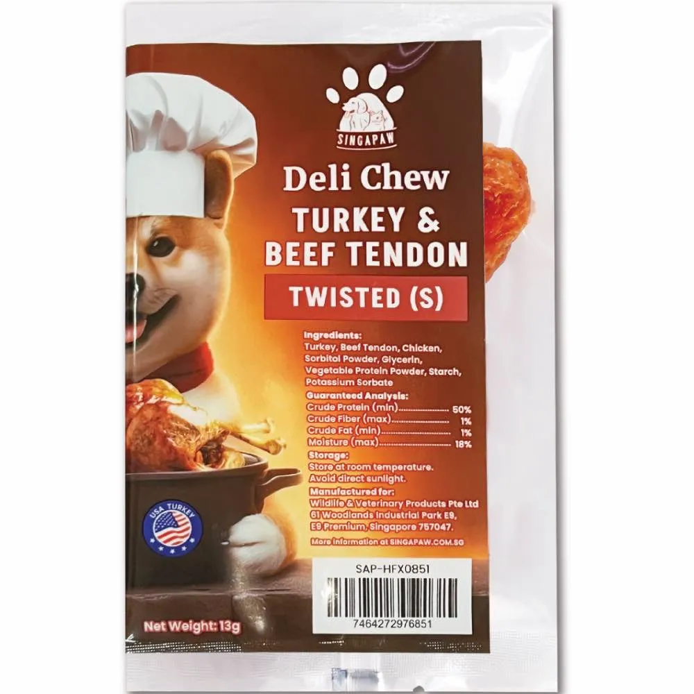 TRIAL SPECIAL $1 OFF (1 per order): Singapaw Deli Chew Turkey & Beef Tendon Twisted Dog Chew Trial Pack